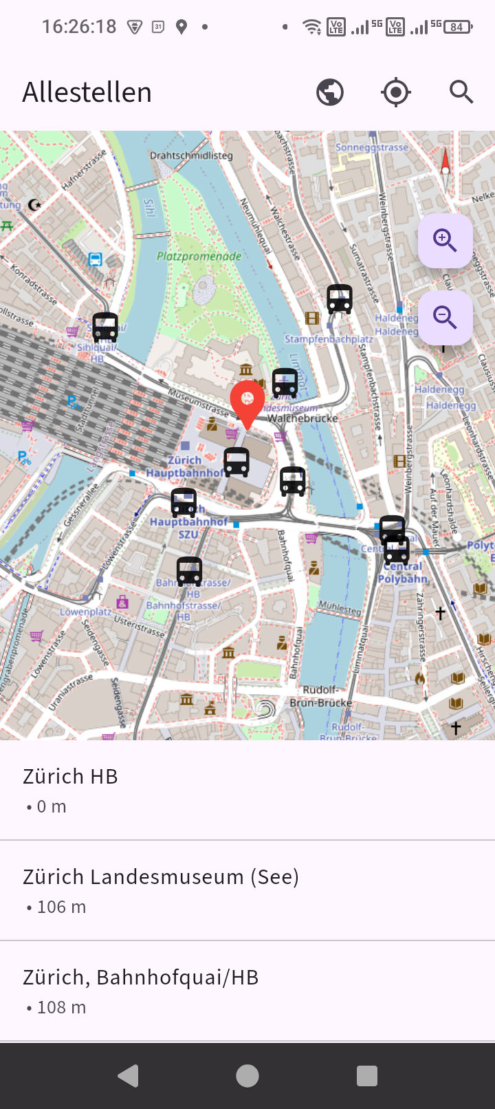 Allestellen showing nearby stops and departures around Zürich HB
